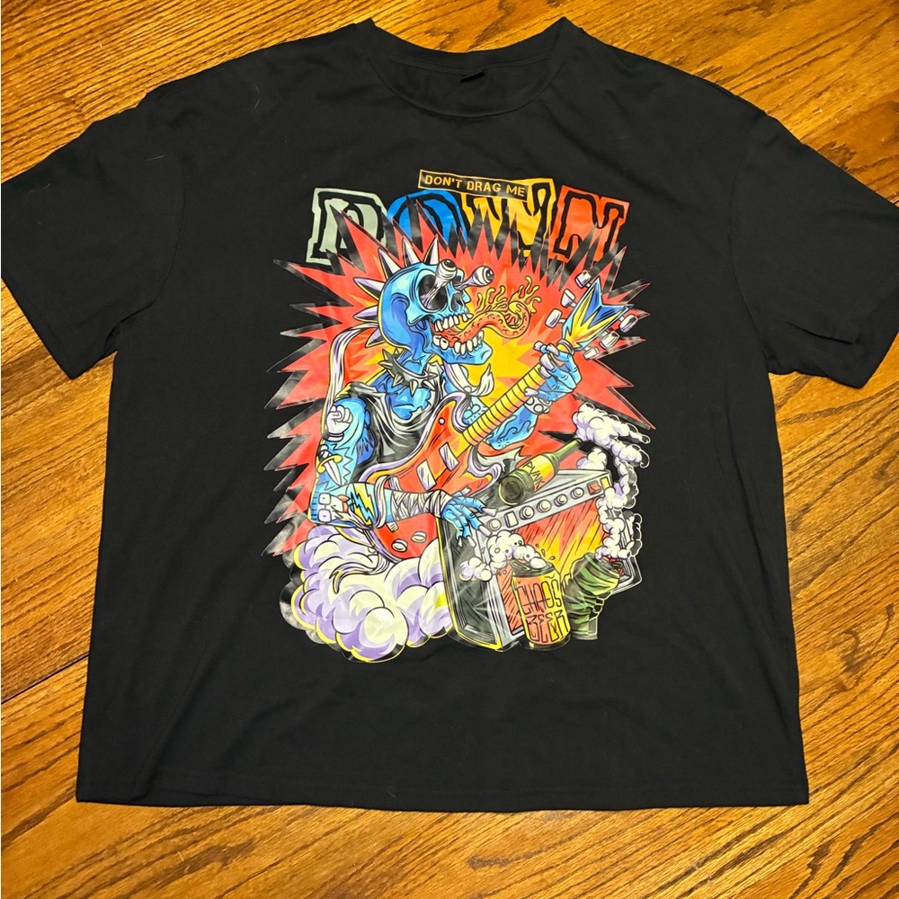 SHEIN Mens Black Graphic Tee Skeleton Guitar Punk Rock Dont Drag Me Down Size M